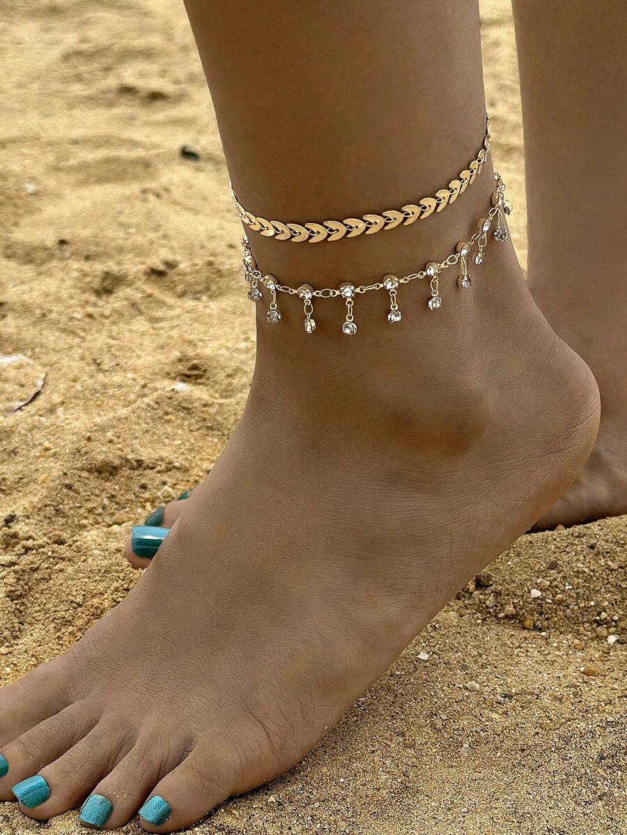 imoli 2 piezas Pulsera tobillera con diseño de diamante de imitación - Amarillo Oro - Ver 1