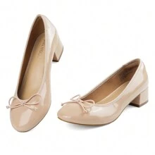 JENN ARDOR Women's Chunky Block Low Heels Bow Round Closed Toe Comfort Work Casual Slip-On Bridal Wedding Guest Dress Sexy Prom Pumps Shoes Valentines - 裸色 - 查看 1