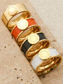 1入經典不銹鋼羅馬數字女戒扁盤設計金色黑白橙色四色戒指，適用於女士男士 - 金色 - 查看 4