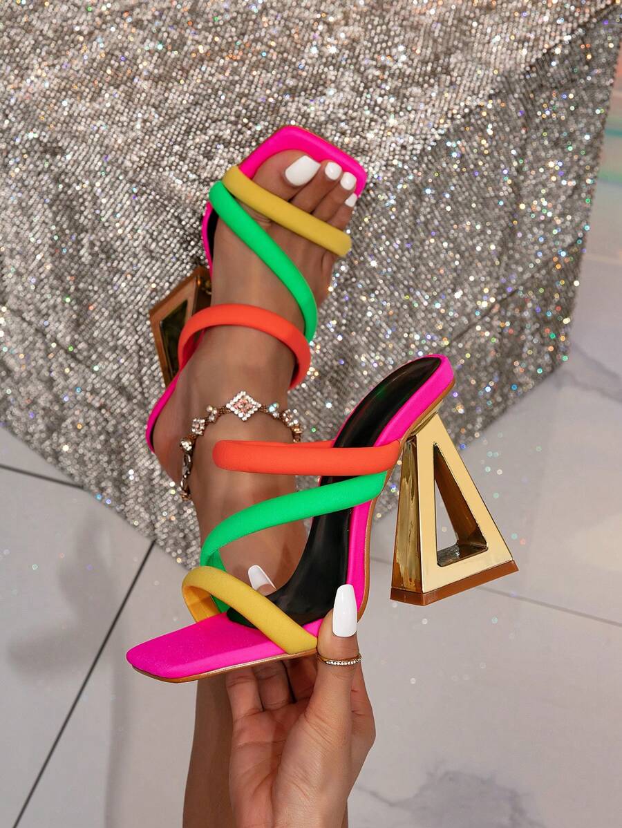 Women's Chunky Heel Pyramid Decorated High Heel Mules Sandals, Multi-Color, Gorgeous Party High Heel Slippers For Women - Multicolor - View 1