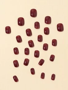 24 uñas cortas de color vino tinto, uñas simples + 1 pieza de pegamento de gelatina + 1 lima de uñas, conjunto adecuado para la decoración diaria de niñas y mujeres, suministros de uñas de prensa - Burdeos - Ver 4