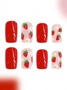24pcs Short European-Style Shiny False Nails Set, Cute Strawberry & White Flower Design, Elegant And Sweet All-Match Nail Art Kit, Full Cover, Reusable, Suitable For Women & Girls To Wear For Parties, Dance Parties, And Daily Use. Press On Nails Nail Supplies - Red - View 4