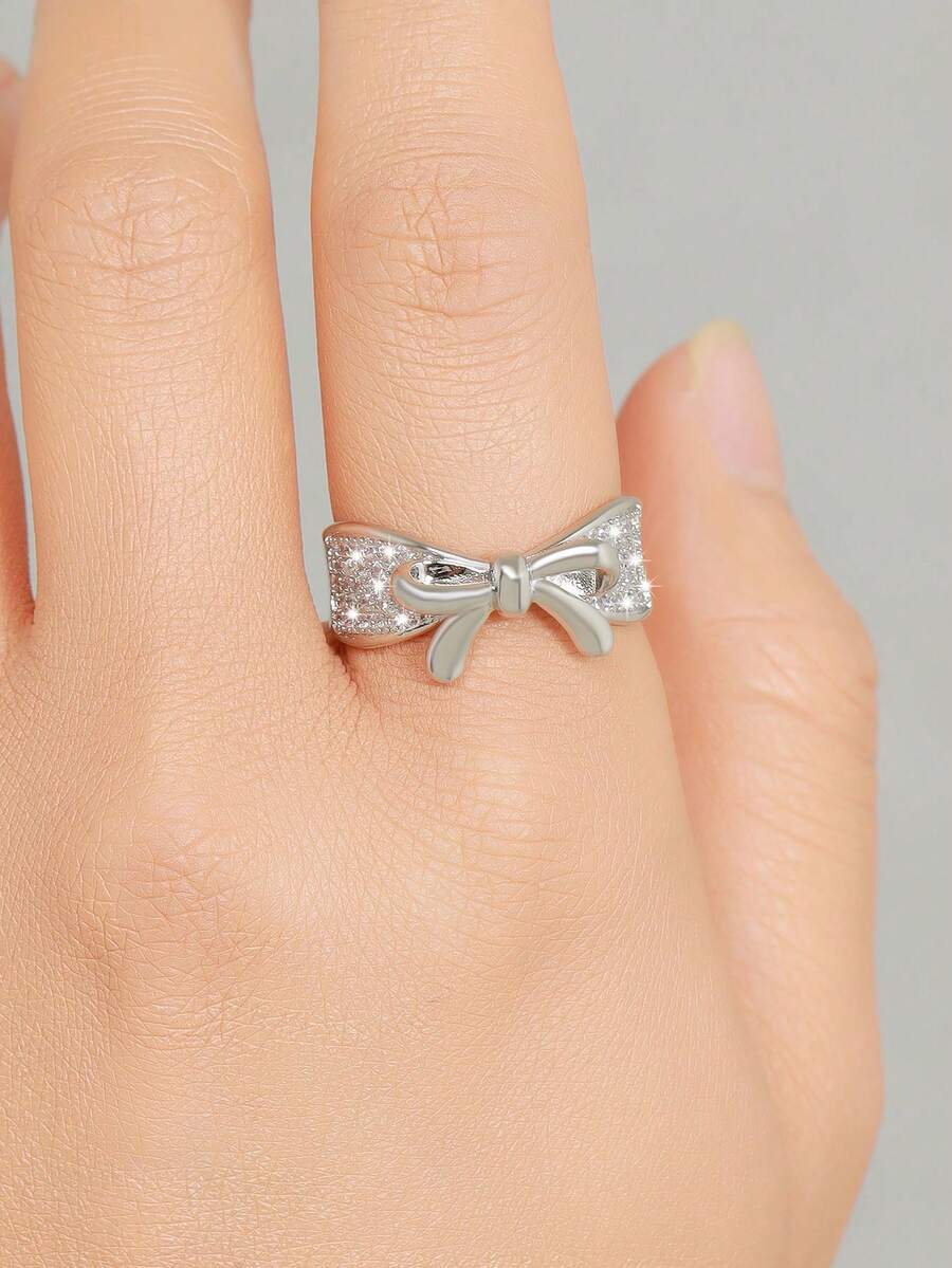 1入組鍍金銅質時尚優雅蝴蝶結戒指，時尚高質感，適用於訂婚、婚禮、派對和日常穿搭 - 滿鑽蝴蝶結戒指 - 查看 1