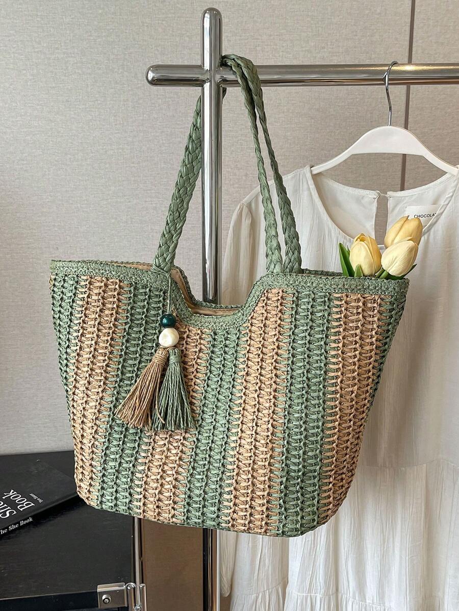 Bolsa de tote de paja tejida minimalista de gran capacidad, esenciales para vacaciones, perfecta para viajes, vacaciones, días festivos y playa - Verde - Ver 1