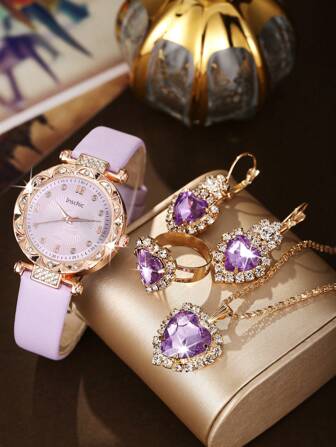 5pcs/Set Women's Cute Heart Shaped Quartz Watch And Jewelry Set As A Gift For Students Returning To School Valentines