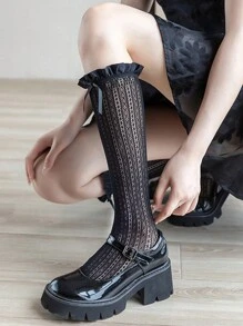 Șosete la modă crem alb pentru femei, șosete lungi cu model vertical, stil retro japonez, dulce, subțiri și drăguțe, la modă, crem, la modă