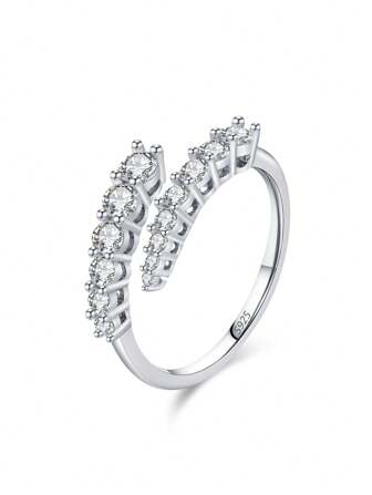1pc Luxury 925 Sterling Silver Shiny Round Cubic Zirconia Adjustable Open Ring, Suitable For Women, Girls, Wedding Party Jewelry Accessories
