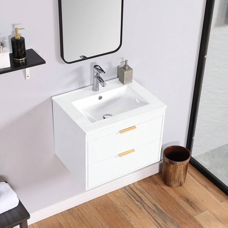 1 Piece Ceramic + MDF 24" Floating Wall Mounted Bathroom Vanity With White Ceramic Sink And Soft Close Door White - 白色 - 查看 1