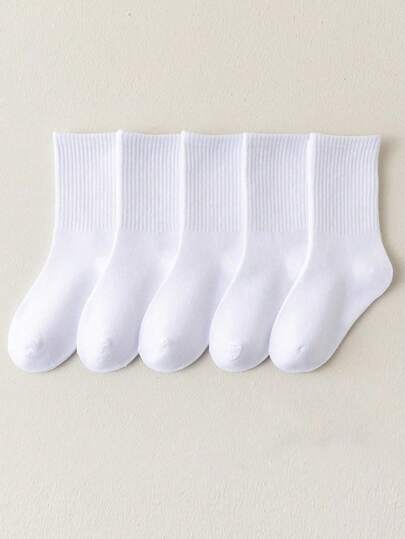 5 Pairs Of Children's White Casual Striped Mid-Calf Socks With College Style