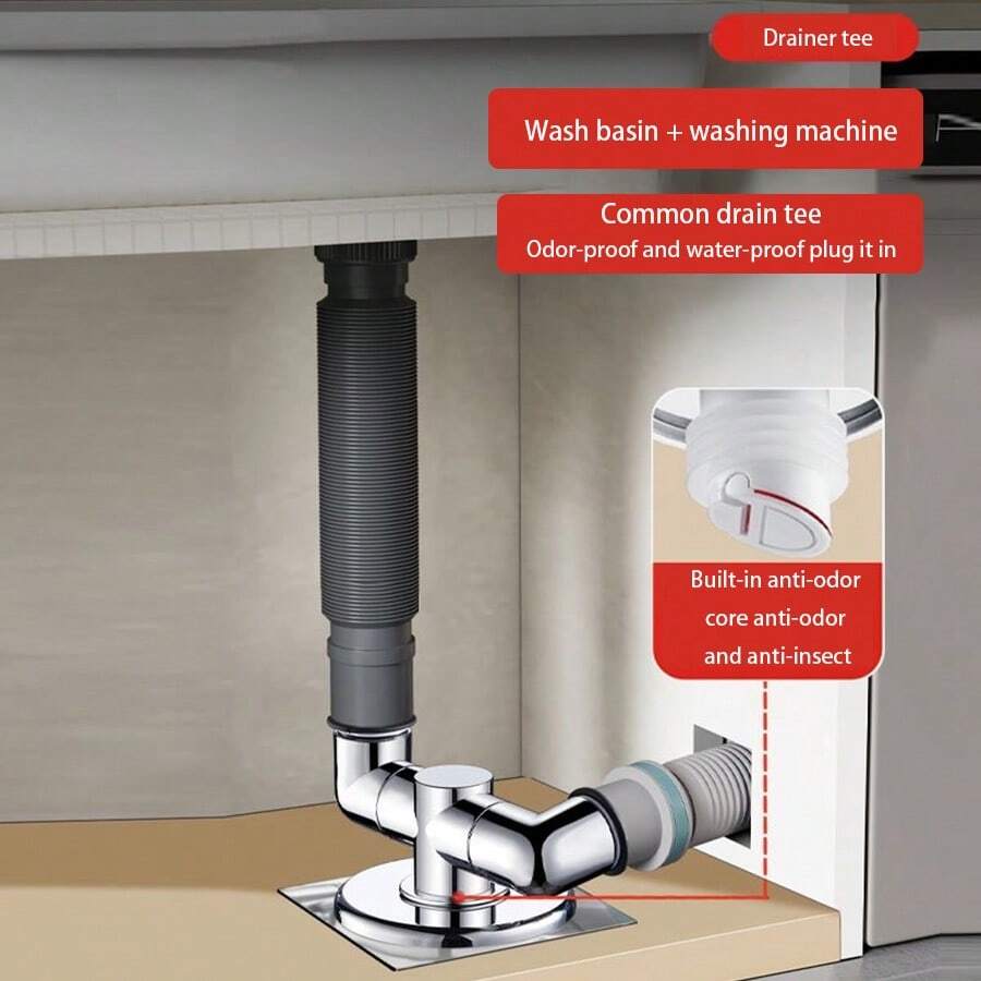 1 Set Washing Machine Drainage Pipe Floor Drain T-Type Connector With Overflow And Odor Prevention, Suitable For Dryer, Hand Washing Basin And Mop Pool, Single Inlet, Balcony Washing Machine And Dryer Drainage Pipe Floor Drain Dedicated Connector Double-Decker With Anti-Odor And Anti-Overflow Function - Multicolor - View 1
