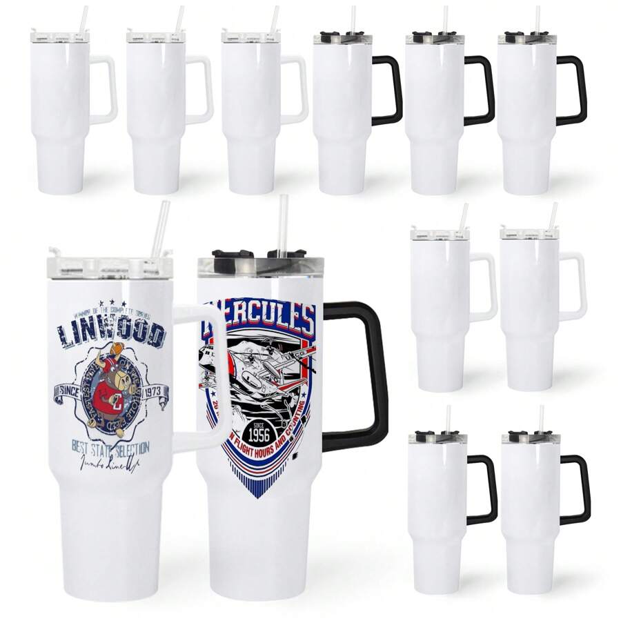 40 Oz Sublimation Tumbler With Handle And Straw 12 Pack Stainless Steel Double Wall Vacuum Insulated Travel Mug Cup Tumblers Bulk Sublimation Blank Cupholder Friendly Black & White