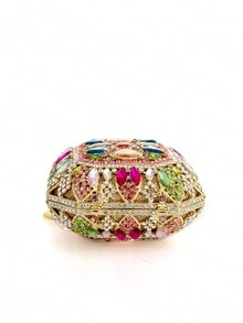 Luxury Multi-Color Rhinestone Party Clutch Bag, Suitable For Parties, Proms, Weddings. Diamond Studded Wallet With Chain Strap - Multicolor - View 8