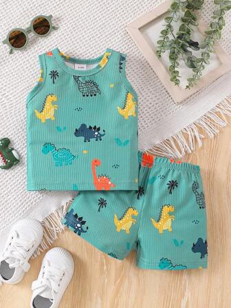 Conjunto informal de niño bebé con parte superior de tirantes acanalada con estampado de dinosaurio y shorts de verano
