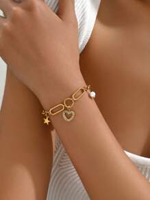 1入時尚中空星型不銹鋼女手鏈，奢華簡約慶典配飾 - 金黃色 - 查看 6