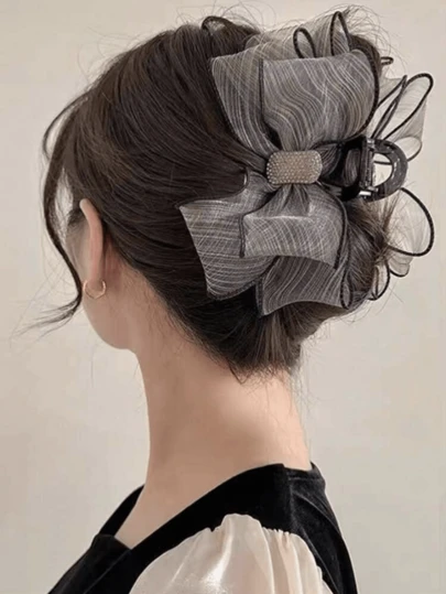 1 pieza Pinza de pelo con doble capa de malla y rhinestones elegante para mujer, adecuada para uso diario, pinza de pelo con lazo, accesorio para el cabello, accesorios para el cabello de mujer para otoño/invierno y vacaciones de verano en la playa