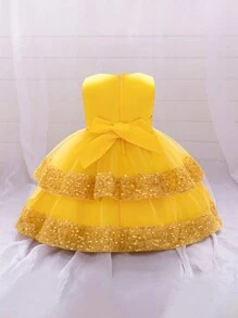 Baby Girls Solid Color Sequin Mesh Bow Tulle Cake Dress Sleeveless Cute Flower Girl Party Dress, Suitable For Outdoor Party, Excluding Headband - Yellow - View 2