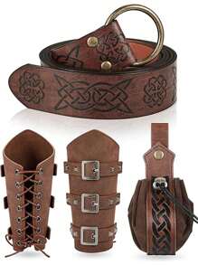 4pcs/Set Renaissance Accessories, Medieval Viking PU Leather Arm Guard, Waist Bag And Embossed Belt For Cosplay Costume Festival Party,Halloween