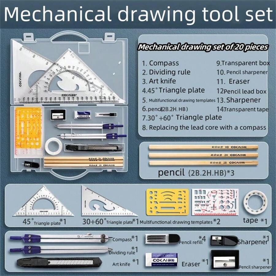 20 Piece Mechanical Drawing Tool Set Compass Professional Drawing