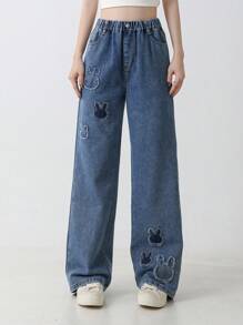 Tween Girl Rabbit Patch Casual Long Washed Wide Leg Denim Pants