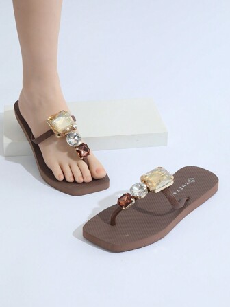 Women's Fashion Square Toe Luxurious Rhinestone Slippers, Casual Outdoor Beach Slippers, Home Slippers, 2024 New Arrival