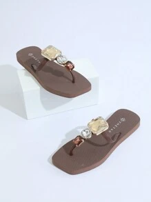 Chaussures de plage décontractées pour femmes orteil carré de mode de luxe avec des strass, chaussons pour l'extérieur décontracté, chaussons pour la maison, nouveauté de 2024