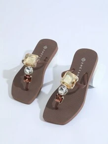 Chaussures de plage décontractées pour femmes orteil carré de mode de luxe avec des strass, chaussons pour l'extérieur décontracté, chaussons pour la maison, nouveauté de 2024