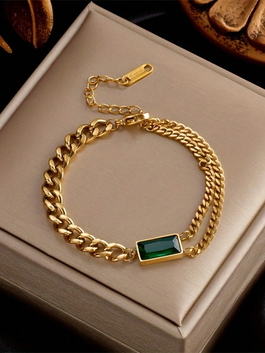 1 件不锈钢绿色锆石分层嘻哈手链，适合日常佩戴