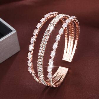 1pc Bracelet, Korean Style Minimalist And Fashionable Micro-Set Cubic Zirconia Three-Layer Wide Open Bracelet For Women, Ideal For Bridal Wedding, Parties And Events.