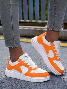 Zapatillas deportivas de color bloque antideslizantes cómodas y transpirables para mujer, de última tendencia, resistentes al desgaste, ideales para deportes y ocasiones informales al aire libre - Naranja - Ver 5