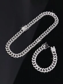 CVNANA 1條歐美嘻哈風格時尚鑲嵌鑽石鏈條項鍊,男女皆宜,搭配摇滾手鐲經典美飾 - 銀色 - 查看 4