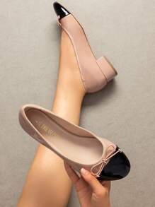 Women's Low Chunky Heel Ballet Pumps Closed Toe Bowknot Detail Single Shoes,Comfortable & Fashionable Slip-On Work Shoes Valentines - 杏色 - 查看 1