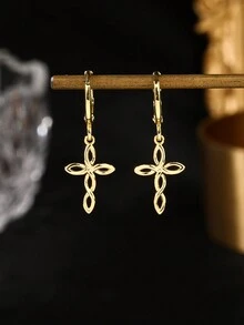 一对时尚简约镀金铜质扭曲十字耳环，男女皆宜日常佩戴 - 金黃色 - 查看 4