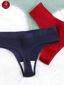 4 stuks dames effen kleur sexy strings, zacht en ademend dagelijks gebruik, hoge elasticiteit, huidvriendelijk, brede tailleband ribgebreide laagbouw slipje