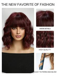 Wine Red 14inch Bob Wigs For Women Curly Wavy Wigs With Bangs Short Heat Resistant Synthetic Wigs For Party Costume Daily Wear Music Festival Colorful Wigs - Màu Đỏ Sâu - Xem 7