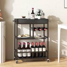 Bar Cart Wine Glass 3 With Basket Tier Home Rolling Rack With Wheels Mobile Kitchen Industrial Vintage Style Wood Metal Serving Trolley Serving Cart,Glass Holder Bar Cabinet - 黑色 - 查看 2