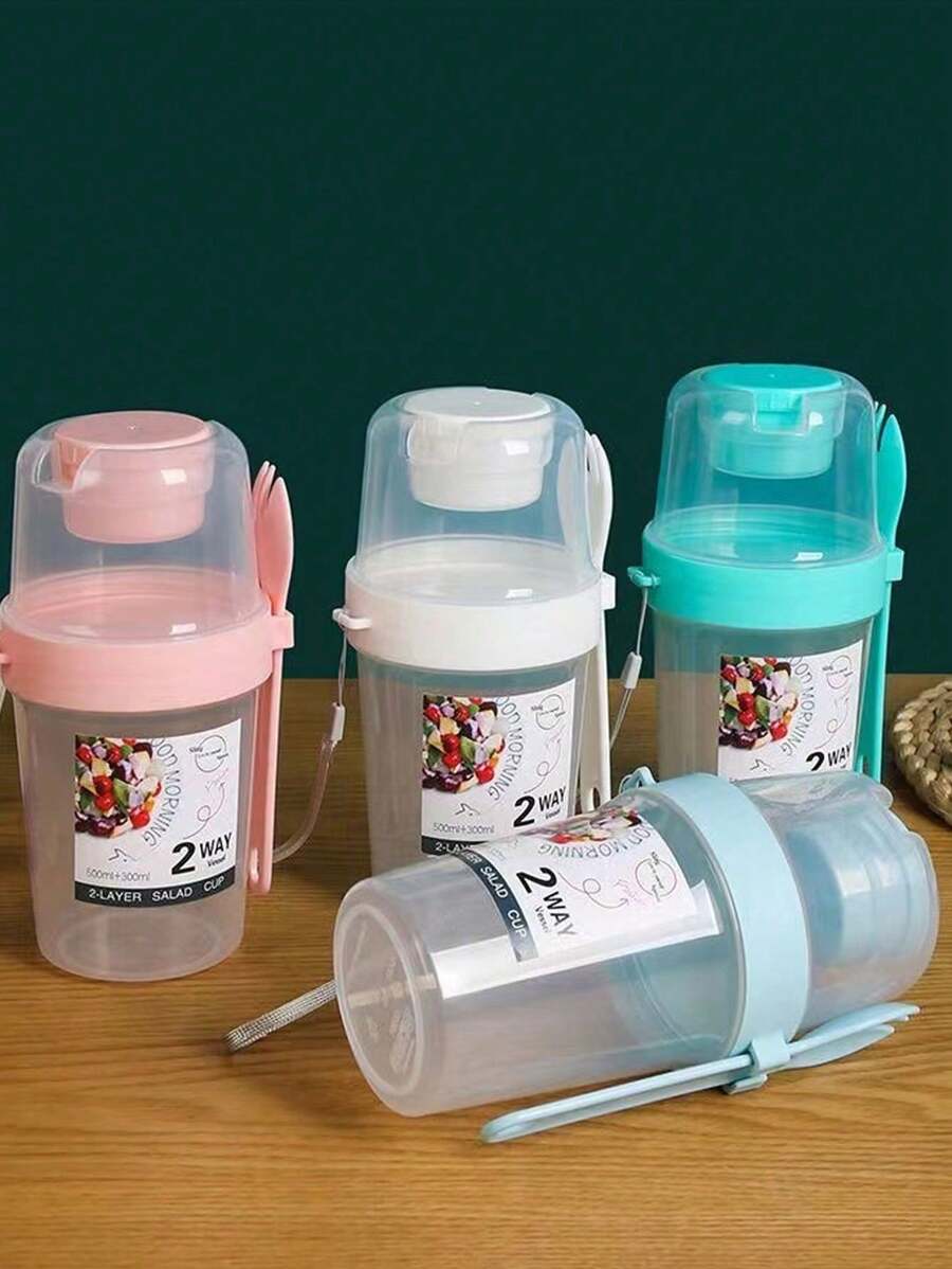 Taza de ensalada de desayuno 2 en 1, contenedor de comida de desayuno, comida ligera portátil de frutas y verduras, taza de yogur con tapa para tenedor, taza de pérdida de peso - Multicolor - Ver 1