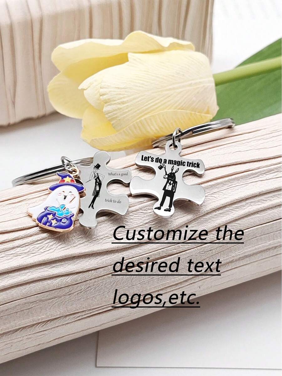 1pc Custom Laser Engraved Keychain With Cute Ghost & Double Puzzle ...
