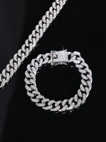 CVNANA 1條歐美嘻哈風格時尚鑲嵌鑽石鏈條項鍊,男女皆宜,搭配摇滾手鐲經典美飾 - 銀色 - 查看 5