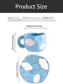 1pc Cloud Pattern Cup And 1pc Saucer, Creative Blue Porcelain Coffee Cup For Home - Blue - View 5