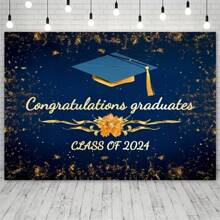 1pc Graduation Season Garage Flag 2024 Graduation Photo Background Royal Blue And Golden Glitter Congratulations Graduation Background 2024 Prom Party Background Photo Booth Props - Blue - View 5