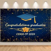 1pc Graduation Season Garage Flag 2024 Graduation Photo Background Royal Blue And Golden Glitter Congratulations Graduation Background 2024 Prom Party Background Photo Booth Props - Blue - View 3