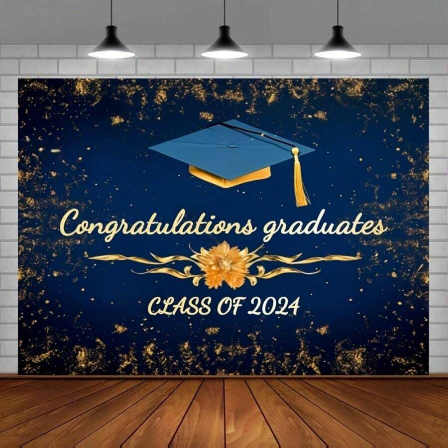 1pc Graduation Season Garage Flag 2024 Graduation Photo Background Royal Blue And Golden Glitter Congratulations Graduation Background 2024 Prom Party Background Photo Booth Props - Blue - View 1