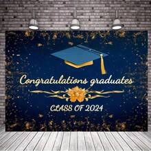 1pc Graduation Season Garage Flag 2024 Graduation Photo Background Royal Blue And Golden Glitter Congratulations Graduation Background 2024 Prom Party Background Photo Booth Props - Blue - View 4