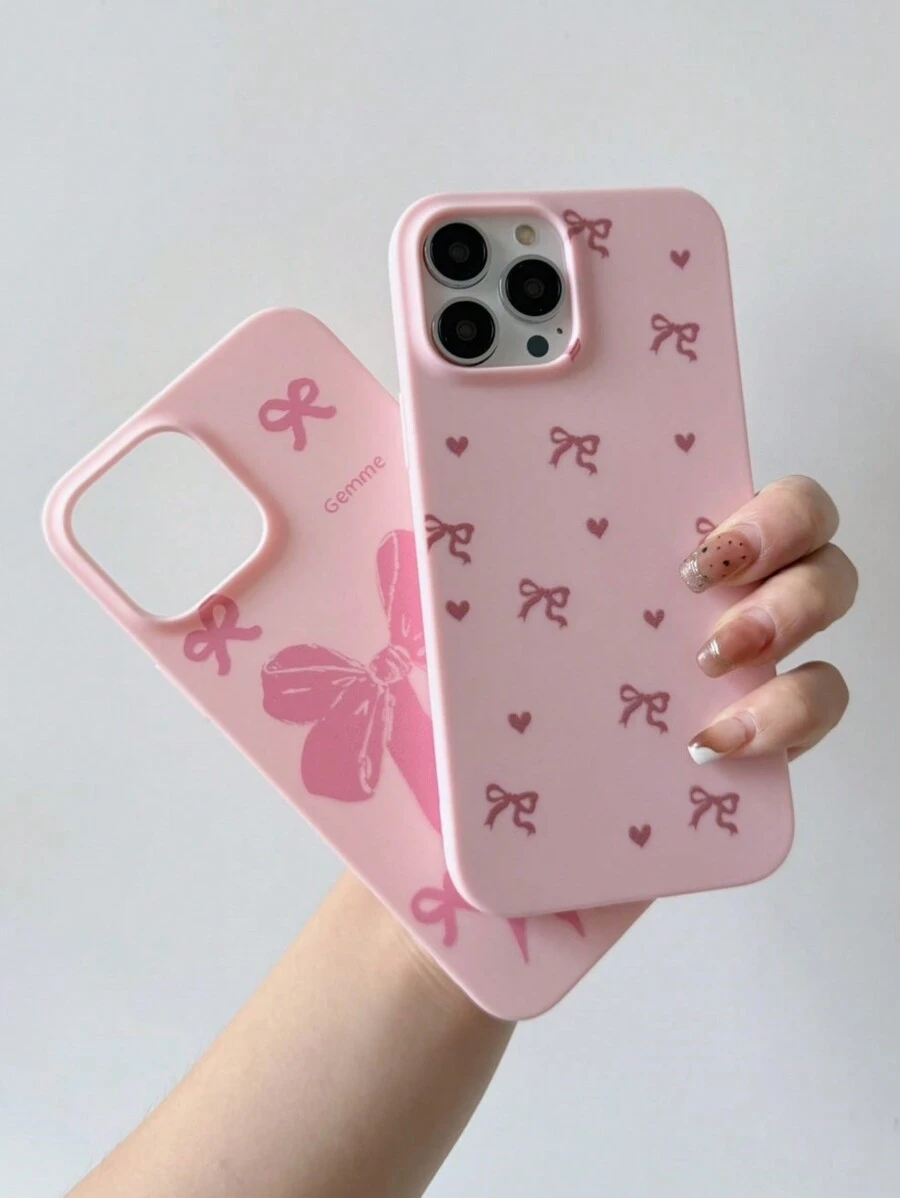 2pcs Pink Bow Designed Mobile Phone Case Compatible With IPhone 15 Pro Max, 11/12/13/14 Plus, XR/7/8 Plus, TPU Anti-Drop Protection Shell Waterproof Shockproof Scratch Resistant - Baby Pink - View 1