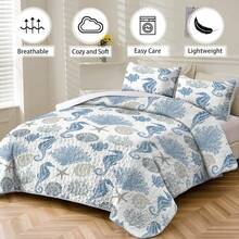 3入組海洋元素被套（1被套*1 + 枕套*2，不含內芯），海馬、貝殼、珊瑚印花，柔軟透氣，舒適寢具套裝，適用於臥室、宿舍、酒店客房裝飾 - 藍白色 - 查看 7