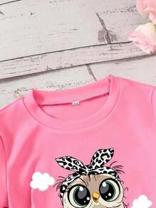 Young Girl 1pc Casual Style Green Short Sleeve Lightweight Knit T-Shirt With Owl Pattern, Summer - Pink - View 3
