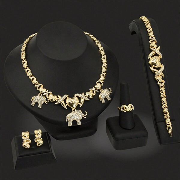 4 pièces Ensemble de bijoux de femme ANIID XOXO Cœur 18 carats plaqué or. Collier d'amour de mariage avec strass. Ensemble de collier et boucles d'oreilles pour soirée, cadeau de la Saint-Valentin
