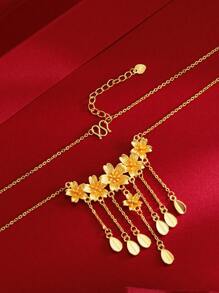 1pc Five Sakura Blossom & Tassel Pendant Gold Women's Wedding Necklace