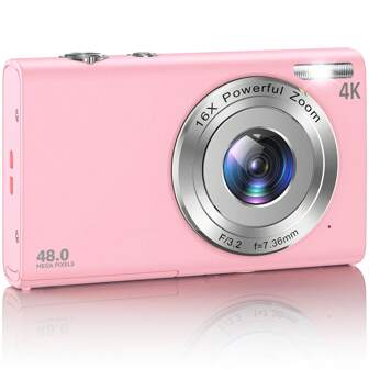 Nicamery 數碼相機，全高清4K自動對焦日誌攝像機，4800萬像素數位普通相機，16倍變焦，32GB記憶卡和2個電池，便攜式迷你相機，適用於青少年，成年人，初學者