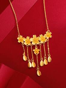 1pc Five Sakura Blossom & Tassel Pendant Gold Women's Wedding Necklace
